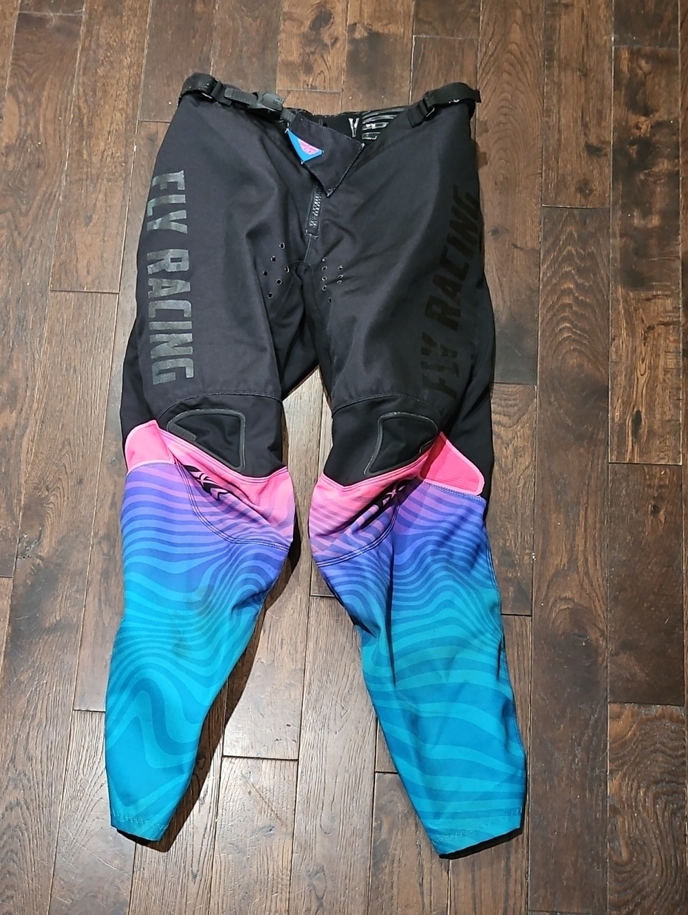 Women's Black Motocross Pants with Pink & Blue Gradient Legs Sz 32. Flt Racing